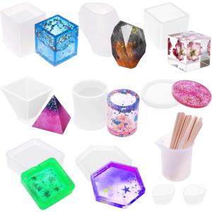 imageEpoxy Resin Molds Kit Anezus 8 Pack Epoxy Resin Large Molds Including Coaster Cube Pyramid Stone Resin Mold Resin Silicone Molds with Silicone Mixing Cups ampamp Wood Sticks