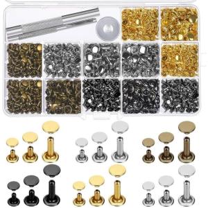 imageLeather Rivets Anezus 420 Sets Rivets for Leather Double Cap Rivet Tubular 4 Colors 3 Sizes Metal Studs with Fixing Tools for DIY Craft Leather Craft Repairs Decoration