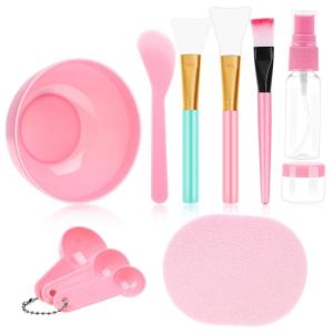imageanezus 11 Pcs DIY Facial mask Mixing Tool Kit with Bowl Stick Spatula Silicone Brush Spray Bottle Puff Soaking Bottle Gauges PinkPink