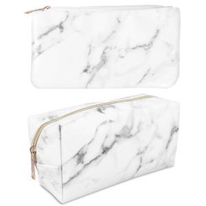 imageanezus 2Pcs Marble Cosmetic Toiletry Makeup Bag Travel Brush Storage Pouch with Gold Zipper