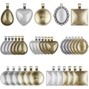 imageAnezus 60Pcs Pendant Trays Bezel Pendant Trays Blanks with Glass Cabochons for Pendants Making and Jewelry Making 5 Styles