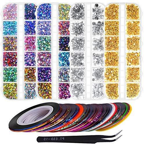 imageAnezus 7100 Pcs Nail Art Rhinestones Nail Gems Kit with 30 Assorted Colors Nail Art Striping Tape and Pickup Tools for Nail Art Supplies Accessories